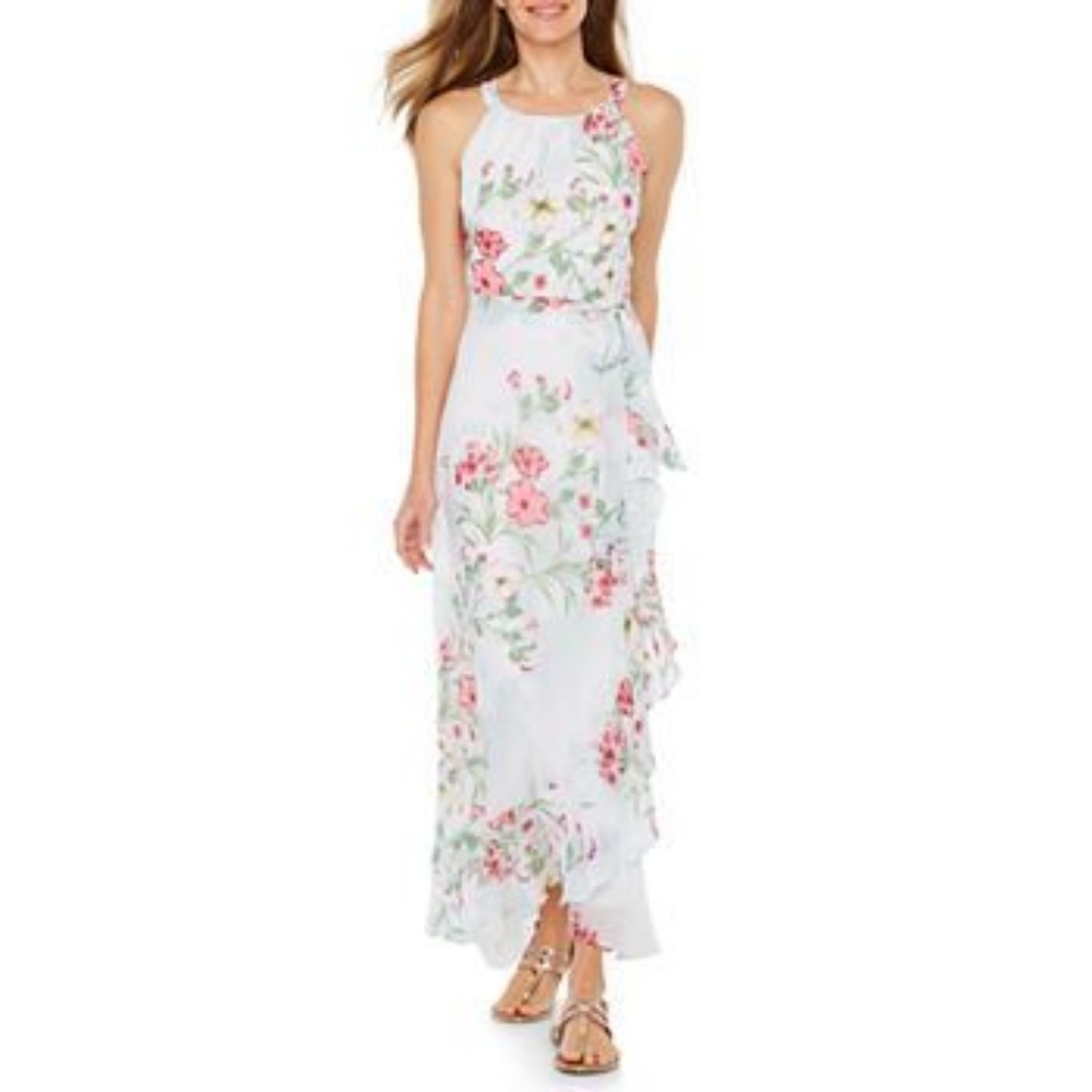 R&K White Floral Maxi Dress with Pink & Green Accents